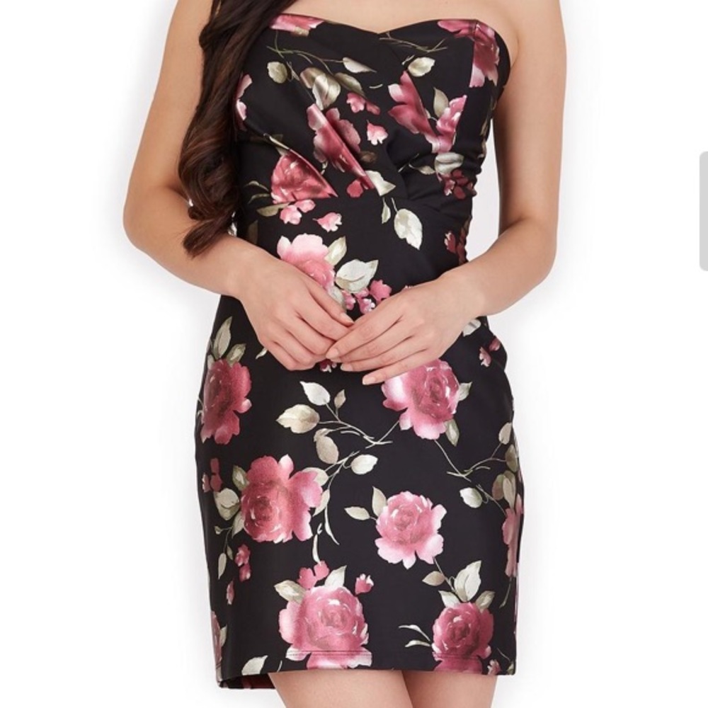 *NWT* BCX Juniors Black with Roses Floral Print Strapless Mini Dress Size 15
